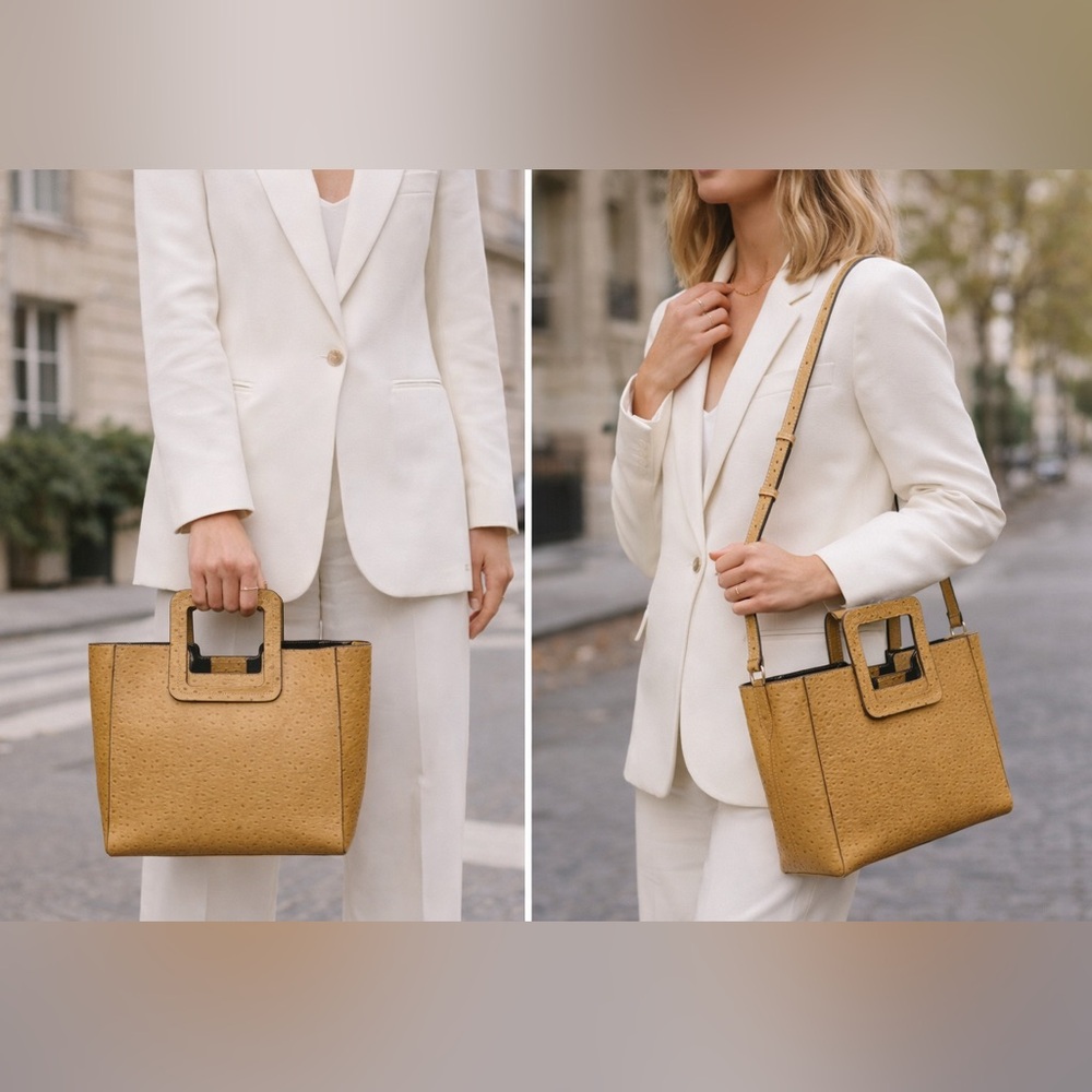 NWT STAUD Shirley Ostrich Embossed Leather Tote With Pouch In warm Tan